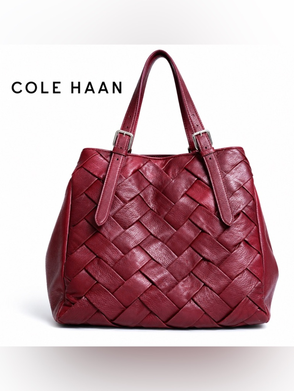 Cole Haan Woven Leather Tote Bag Burgundy Large Shoulder Bag